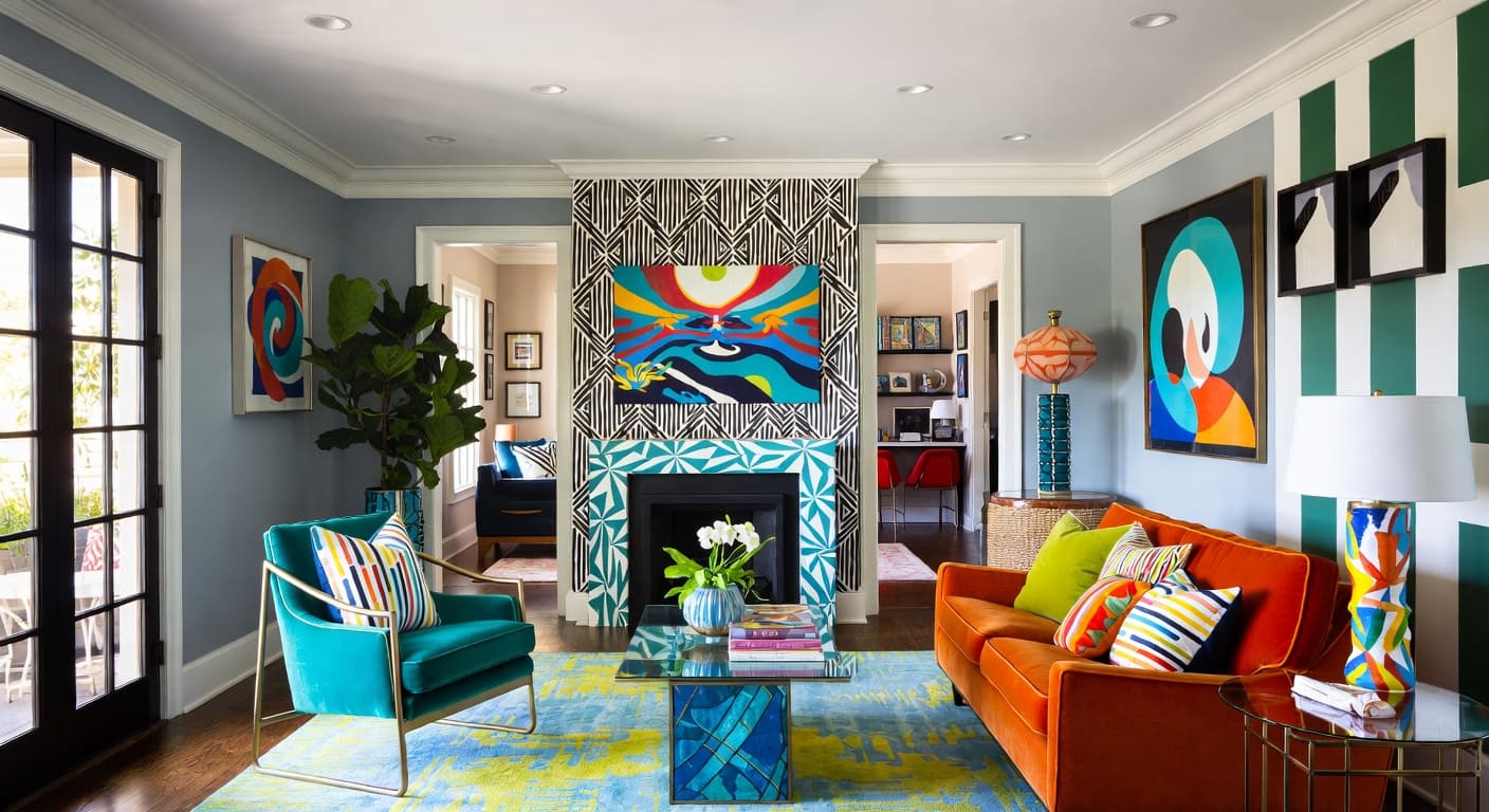 Neo-Memphis teen room / den interior design - featuring neo-memphis style furniture, decor, colors, and layout ideas for your teen room / den