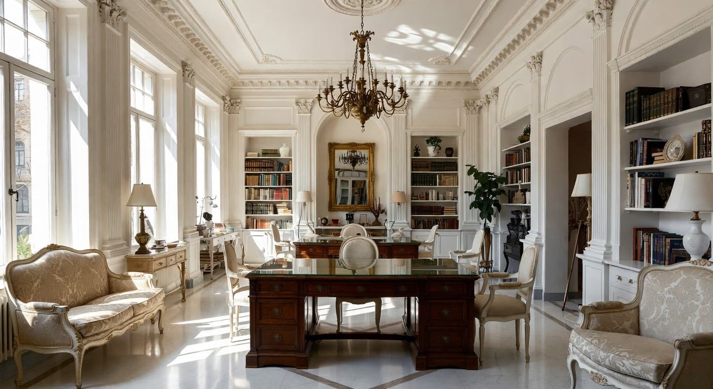 Neoclassical craft room / studio interior design - featuring neoclassical style furniture, decor, colors, and layout ideas for your craft room / studio