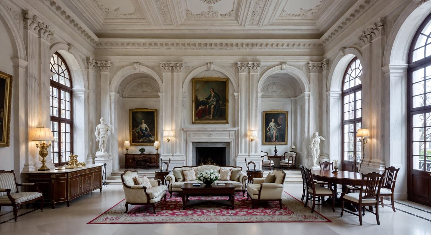 Neoclassical multi-purpose room interior design - featuring neoclassical style furniture, decor, colors, and layout ideas for your multi-purpose room