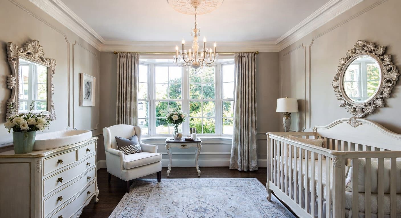 Neoclassical nursery interior design - featuring neoclassical style furniture, decor, colors, and layout ideas for your nursery