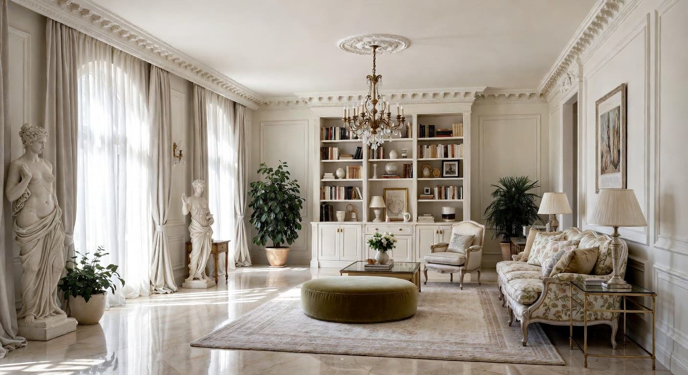 Neoclassical reading nook interior design - featuring neoclassical style furniture, decor, colors, and layout ideas for your reading nook