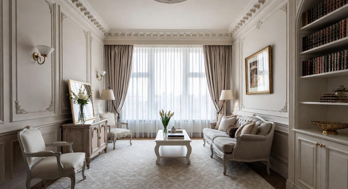 Neoclassical teen room / den interior design - featuring neoclassical style furniture, decor, colors, and layout ideas for your teen room / den