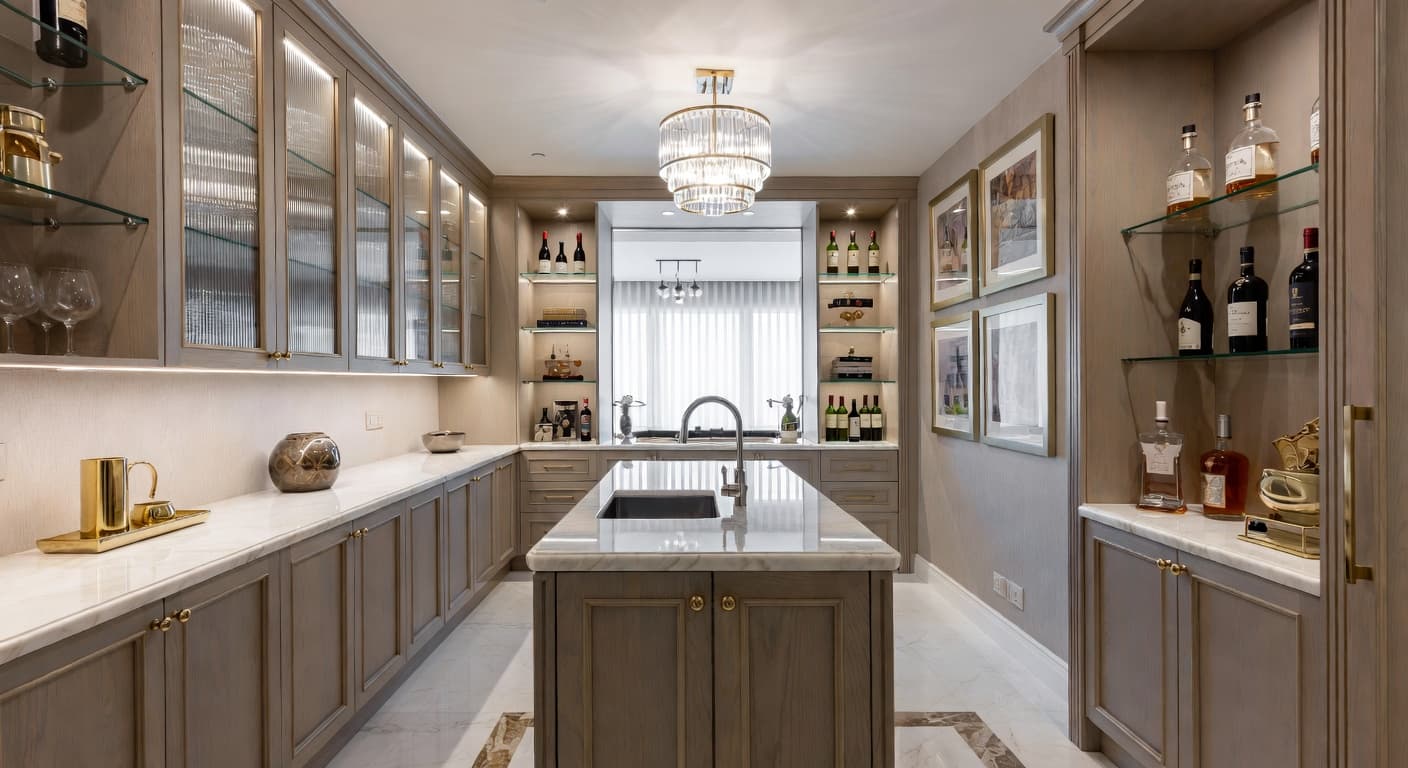 New Deco butler's pantry interior design - featuring new deco style furniture, decor, colors, and layout ideas for your butler's pantry