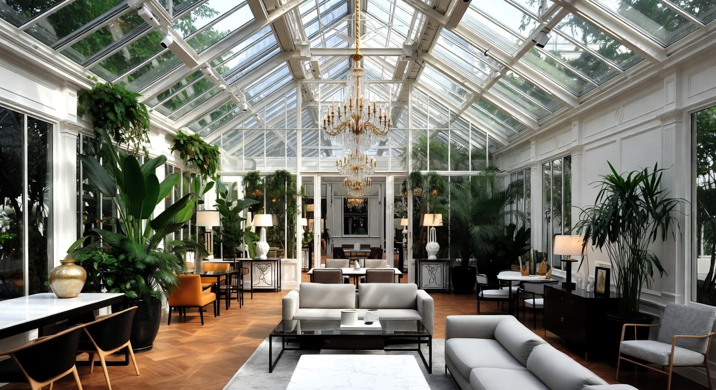 New Deco greenhouse interior design - featuring new deco style furniture, decor, colors, and layout ideas for your greenhouse