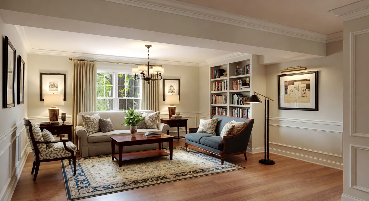 New Traditional basement interior design - featuring new traditional style furniture, decor, colors, and layout ideas for your basement