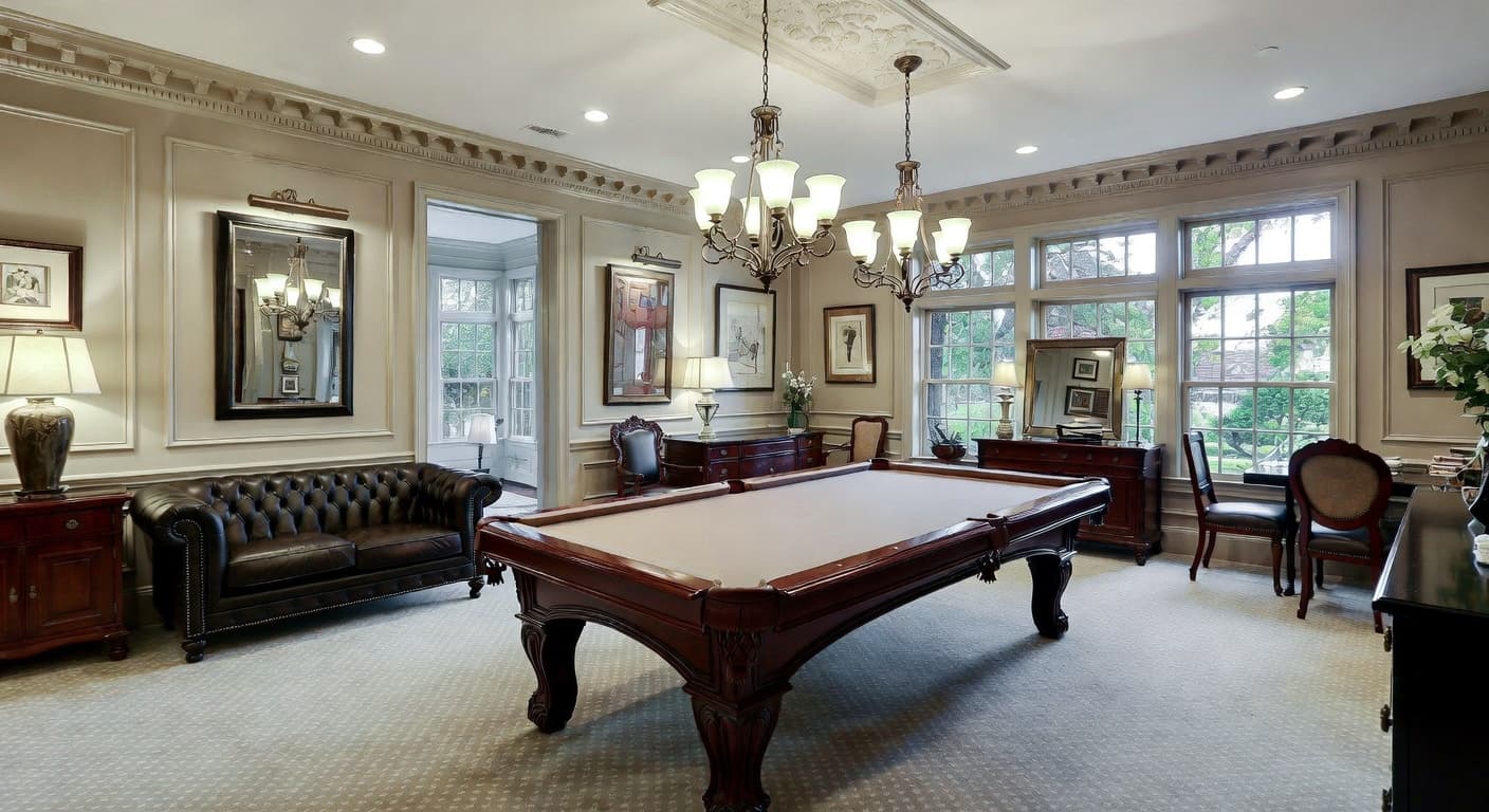 New Traditional billiards room interior design - featuring new traditional style furniture, decor, colors, and layout ideas for your billiards room