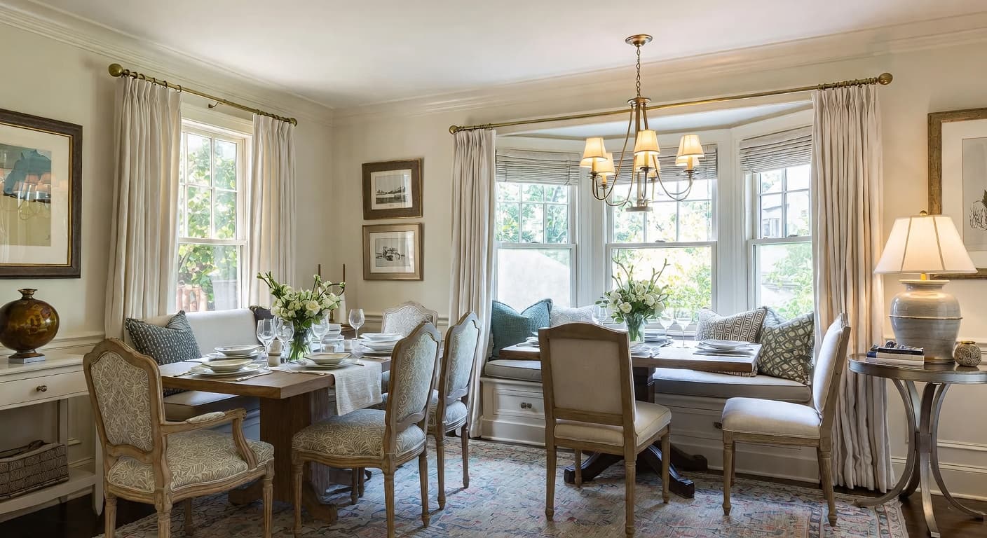 New Traditional breakfast nook interior design - featuring new traditional style furniture, decor, colors, and layout ideas for your breakfast nook