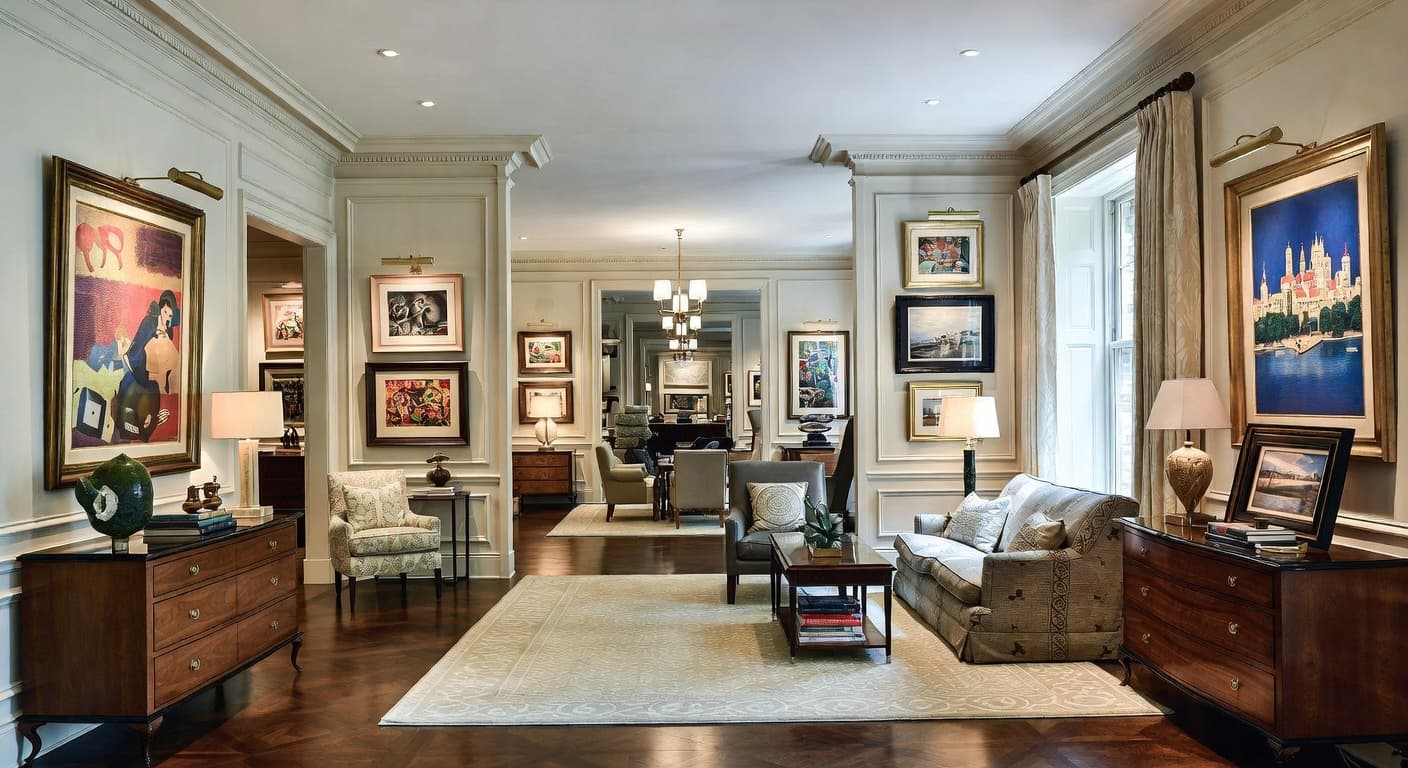 New Traditional gallery / art display interior design - featuring new traditional style furniture, decor, colors, and layout ideas for your gallery / art display