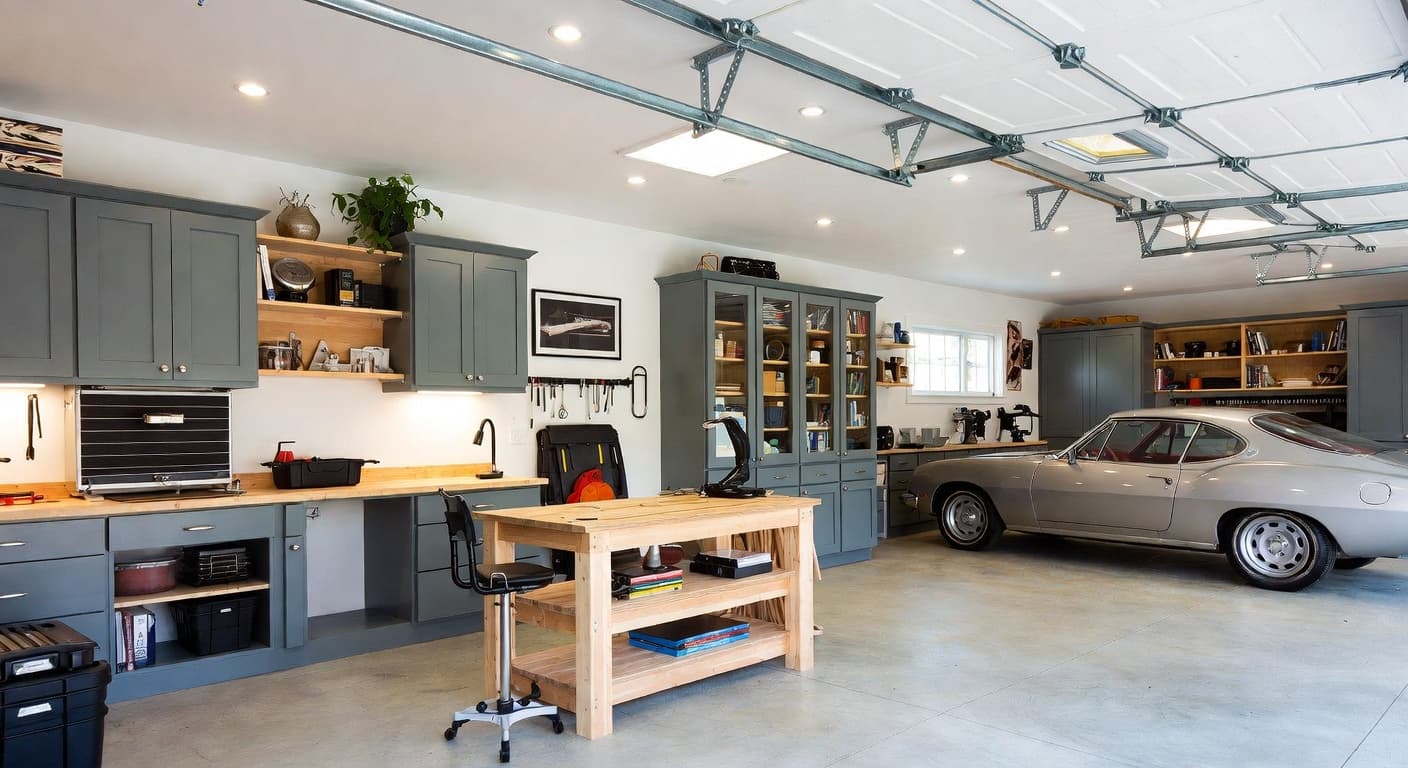 New Traditional garage interior interior design - featuring new traditional style furniture, decor, colors, and layout ideas for your garage interior