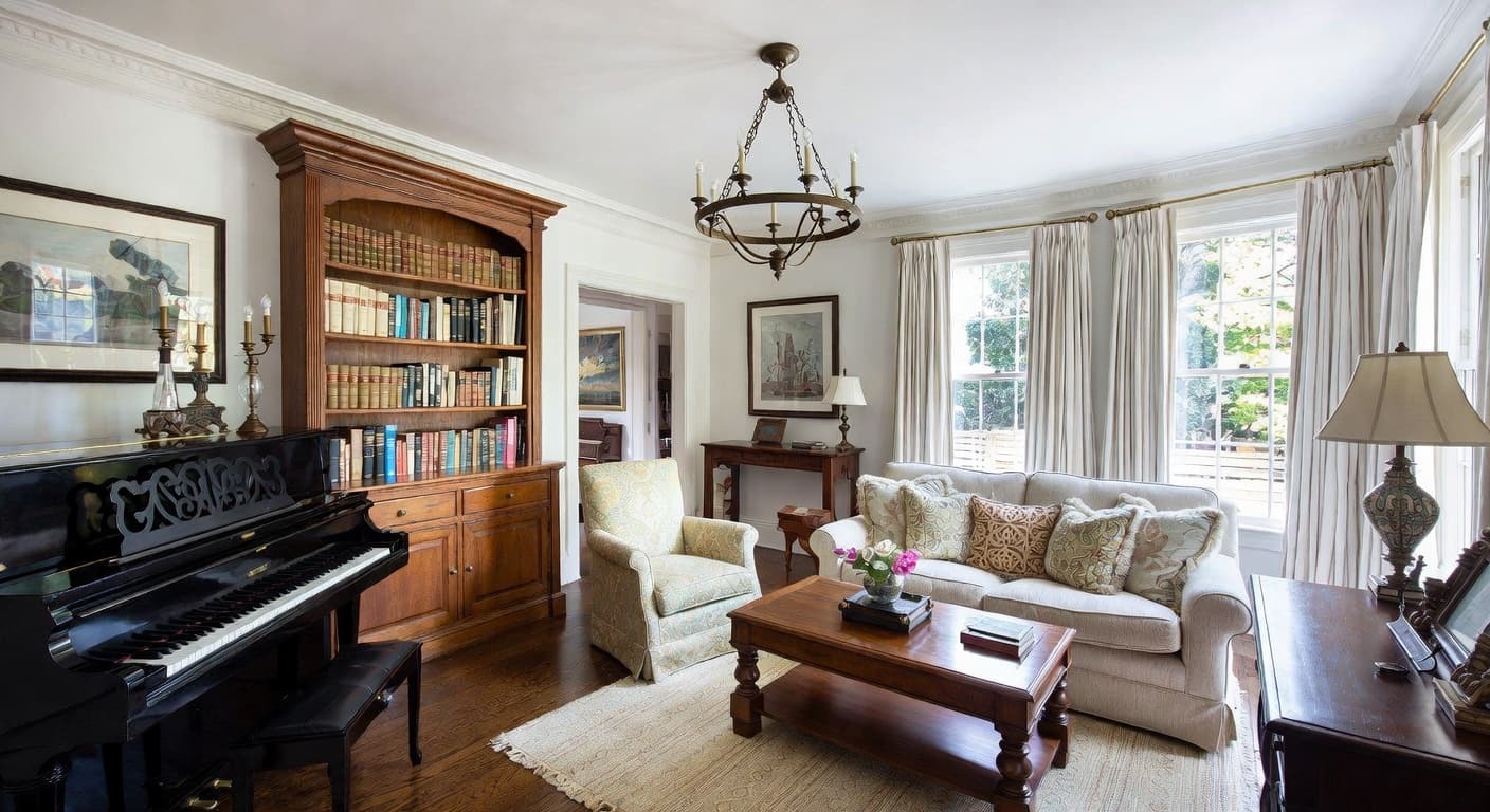 New Traditional music room interior design - featuring new traditional style furniture, decor, colors, and layout ideas for your music room