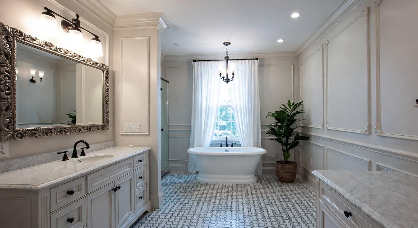 New Traditional powder room interior design - featuring new traditional style furniture, decor, colors, and layout ideas for your powder room