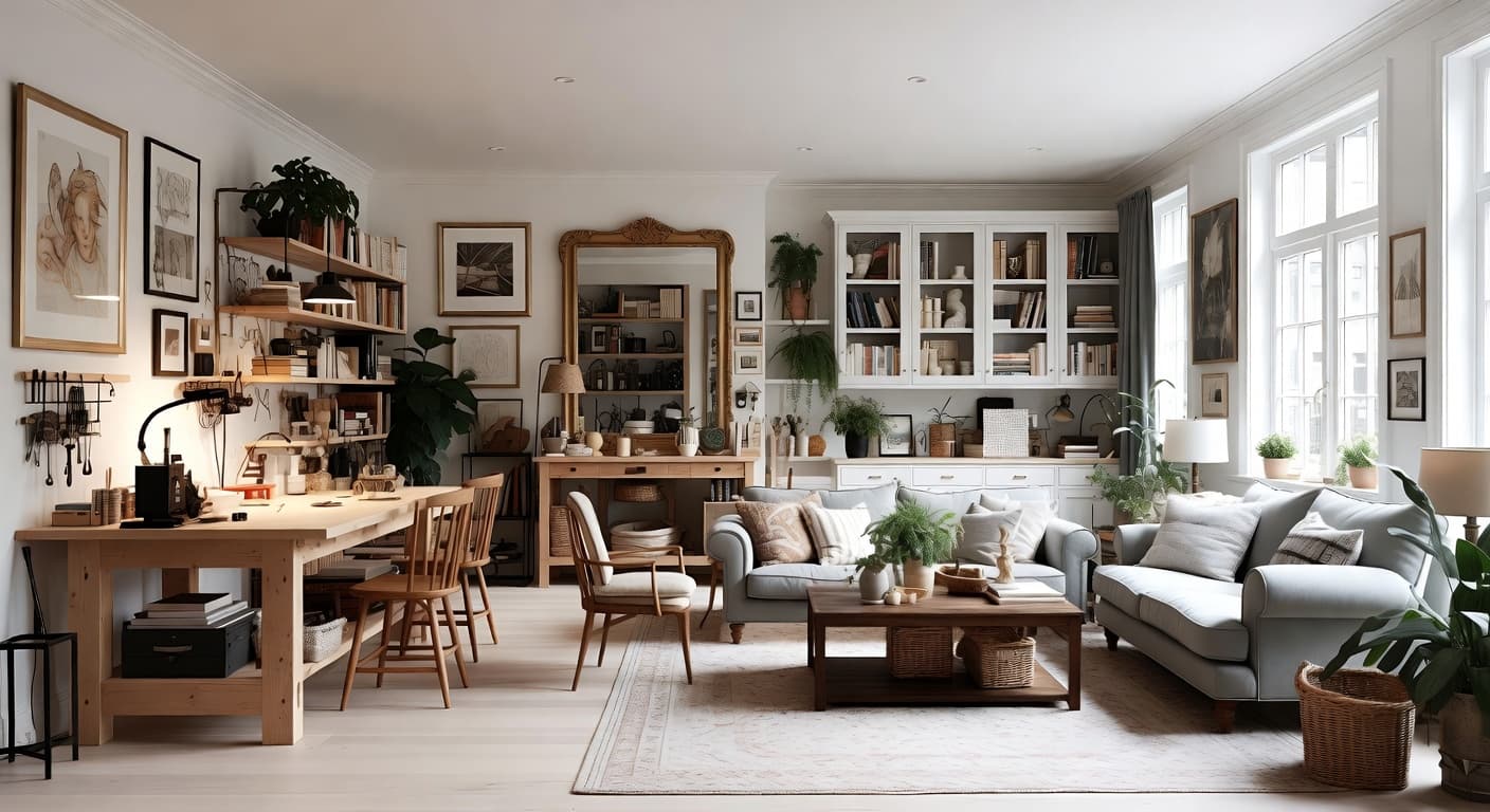 Nowstalgia craft room / studio interior design - featuring nowstalgia style furniture, decor, colors, and layout ideas for your craft room / studio