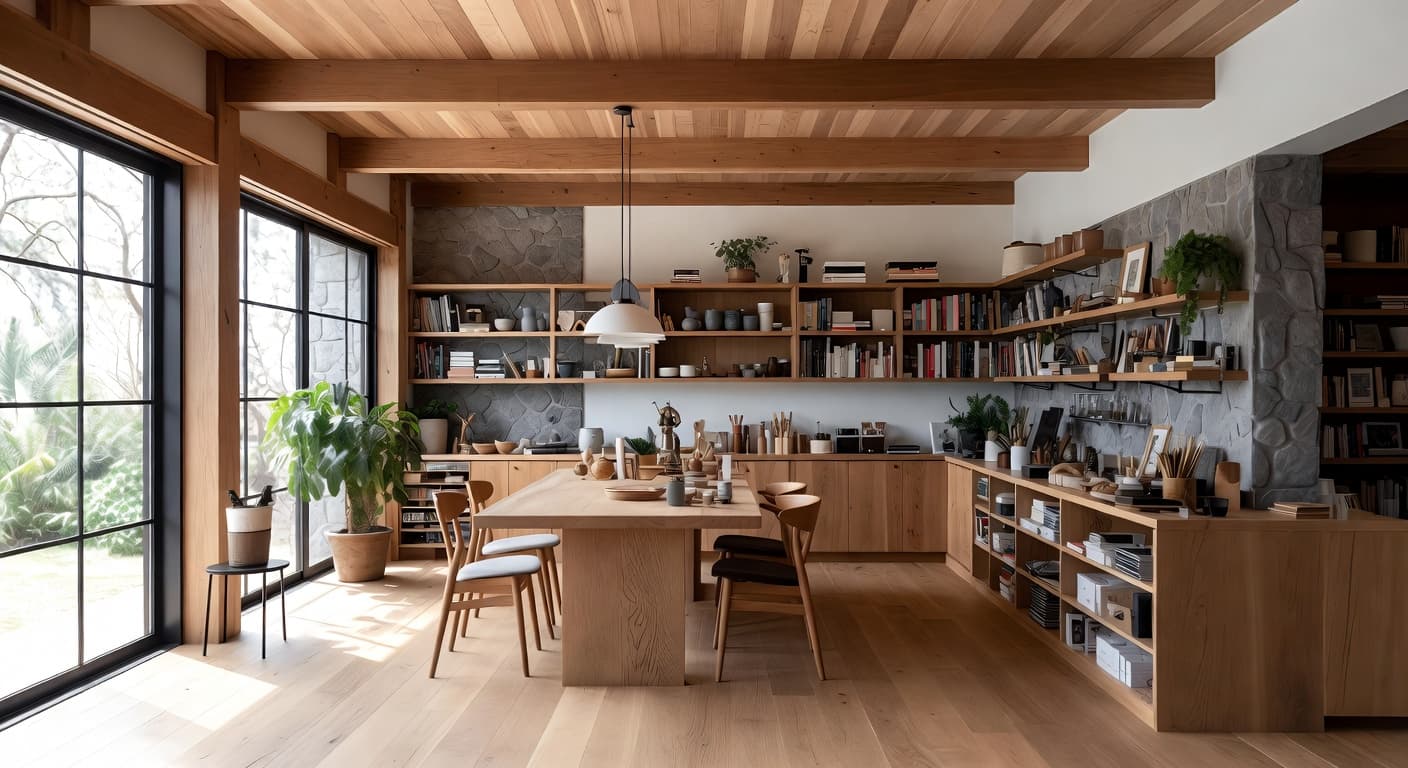 Organic Modern craft room / studio interior design - featuring organic modern style furniture, decor, colors, and layout ideas for your craft room / studio