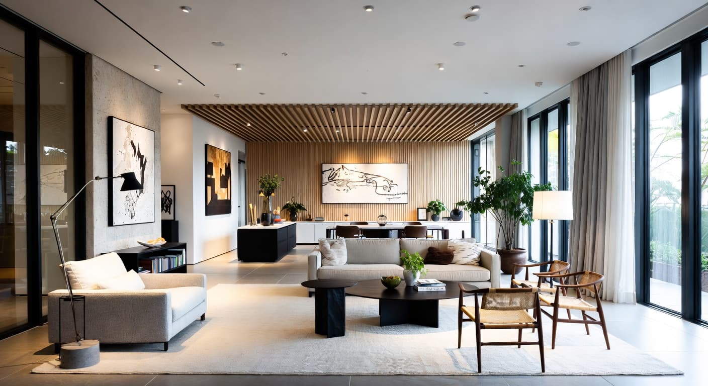 Organic Modern gallery / art display interior design - featuring organic modern style furniture, decor, colors, and layout ideas for your gallery / art display