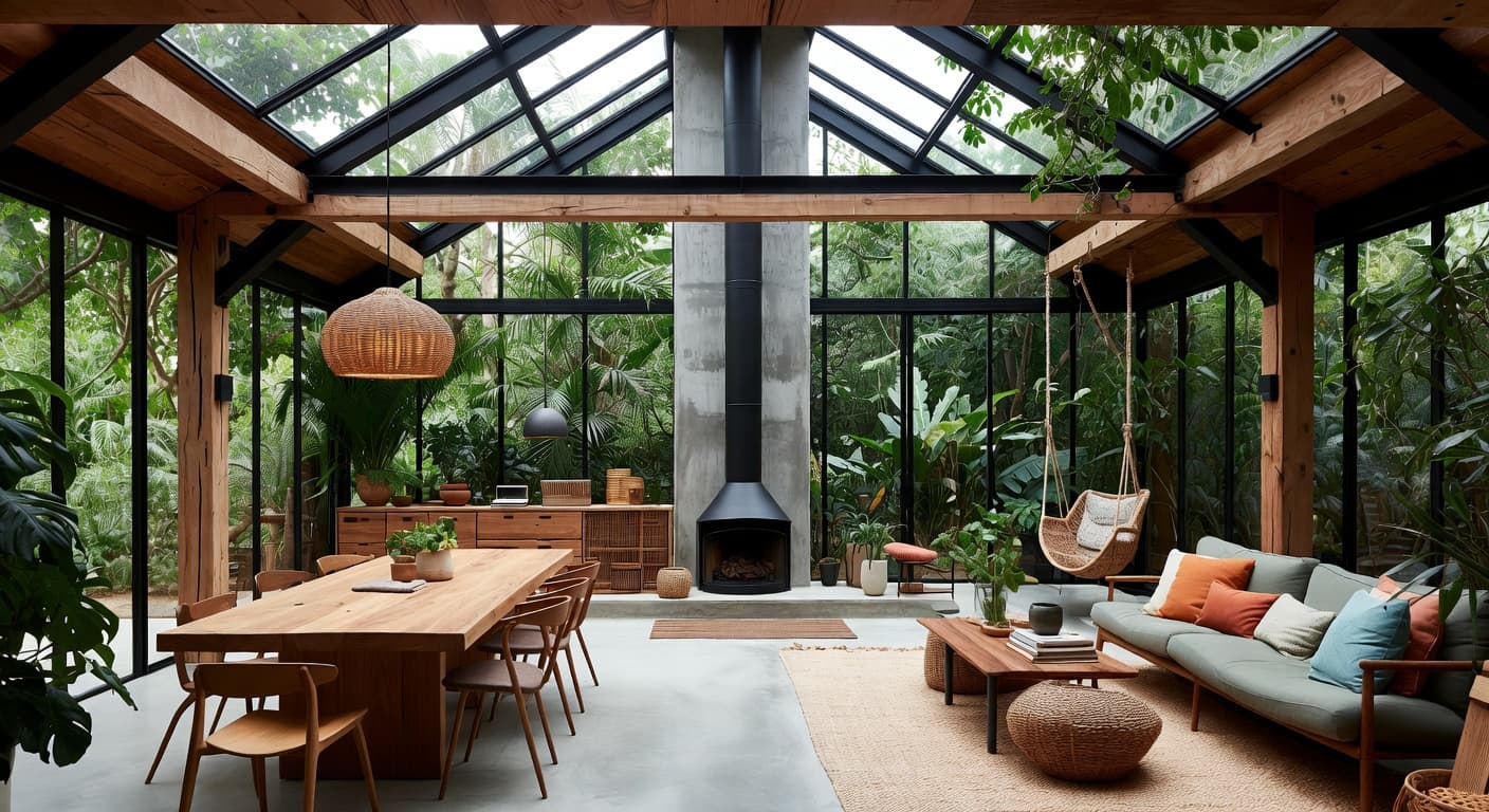 Organic Modern greenhouse interior design - featuring organic modern style furniture, decor, colors, and layout ideas for your greenhouse