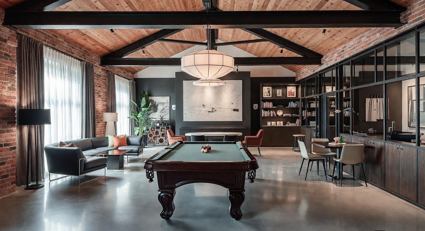Postmodern billiards room interior design - featuring postmodern style furniture, decor, colors, and layout ideas for your billiards room