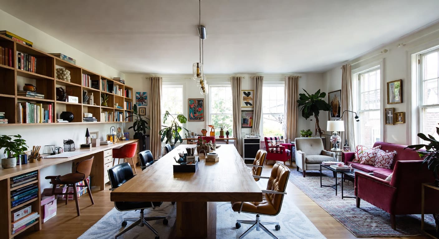 Postmodern craft room / studio interior design - featuring postmodern style furniture, decor, colors, and layout ideas for your craft room / studio