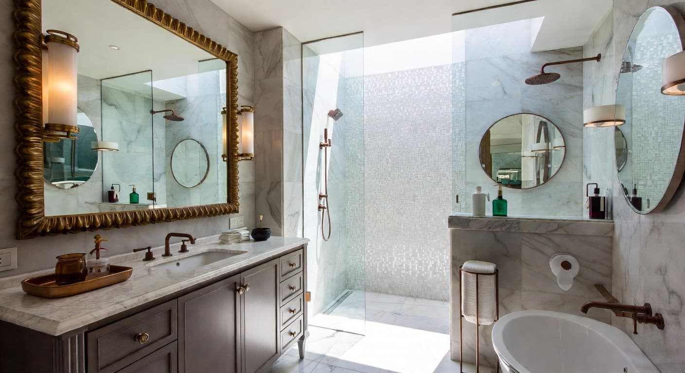 Postmodern powder room interior design - featuring postmodern style furniture, decor, colors, and layout ideas for your powder room