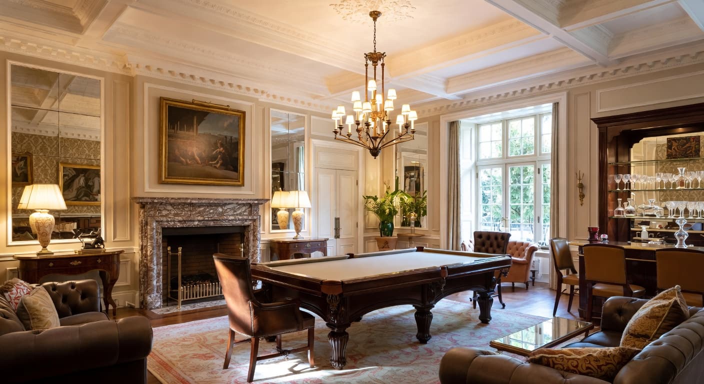 Regency billiards room interior design - featuring regency style furniture, decor, colors, and layout ideas for your billiards room