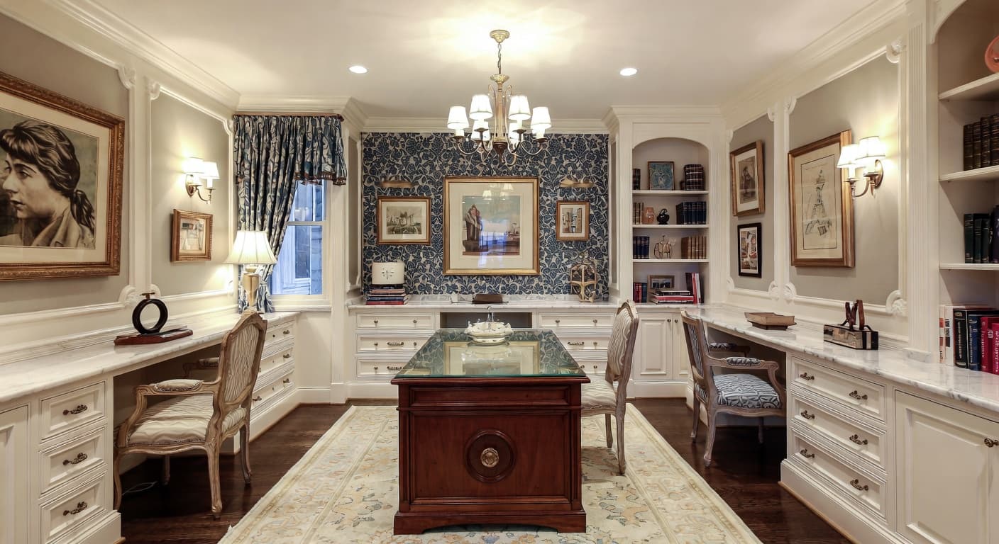 Regency craft room / studio interior design - featuring regency style furniture, decor, colors, and layout ideas for your craft room / studio