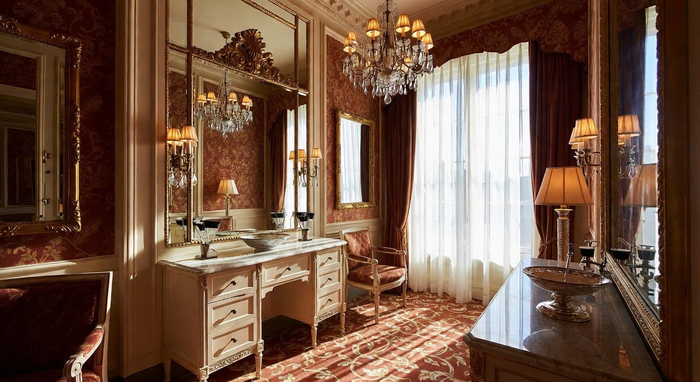 Regency powder room interior design - featuring regency style furniture, decor, colors, and layout ideas for your powder room
