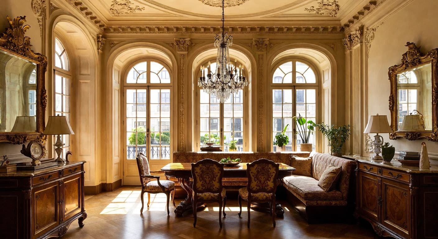 Renaissance Revival breakfast nook interior design - featuring renaissance revival style furniture, decor, colors, and layout ideas for your breakfast nook