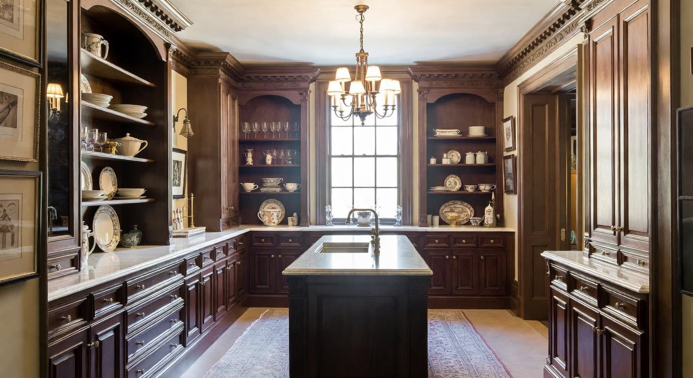 Renaissance Revival butler's pantry interior design - featuring renaissance revival style furniture, decor, colors, and layout ideas for your butler's pantry
