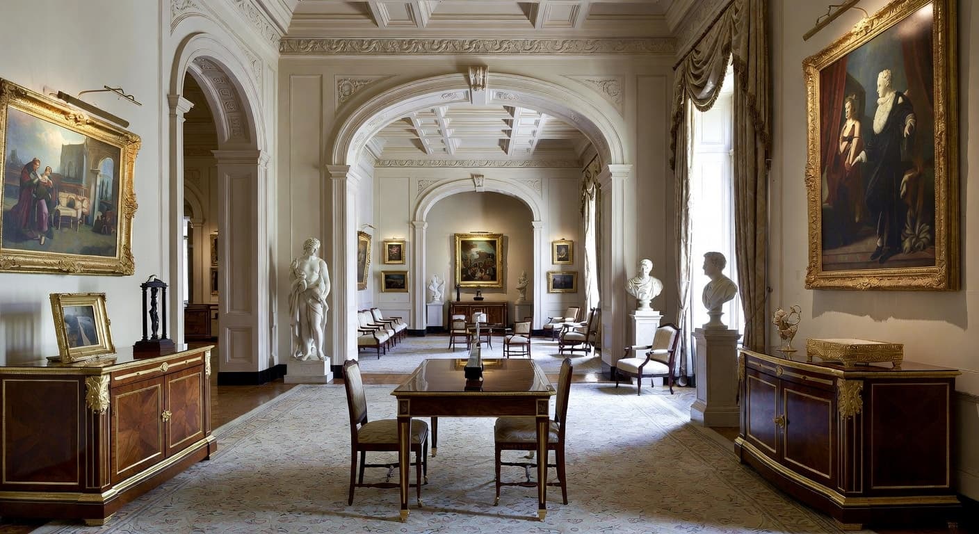 Renaissance Revival gallery / art display interior design - featuring renaissance revival style furniture, decor, colors, and layout ideas for your gallery / art display