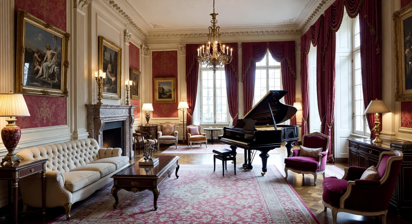 Renaissance Revival music room interior design - featuring renaissance revival style furniture, decor, colors, and layout ideas for your music room