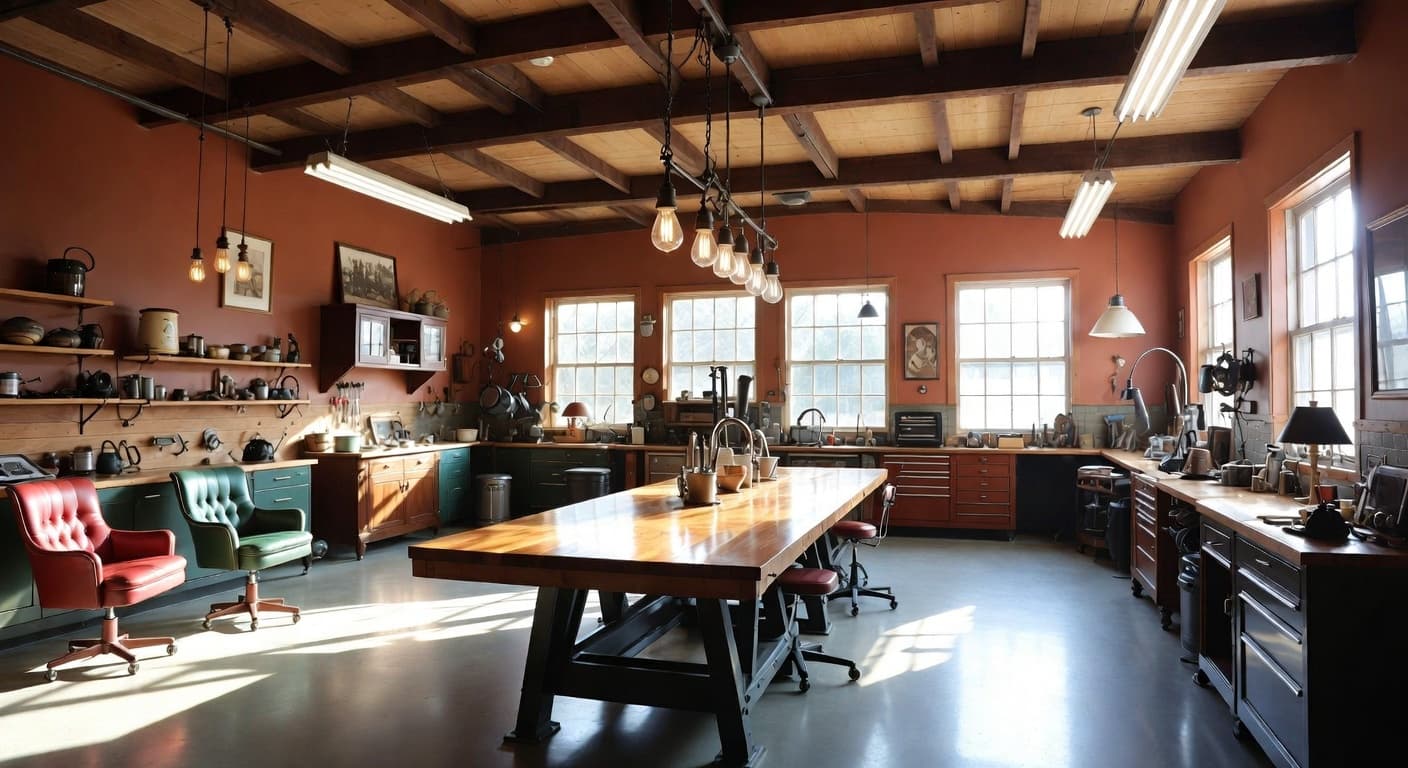 Retro garage interior interior design - featuring retro style furniture, decor, colors, and layout ideas for your garage interior