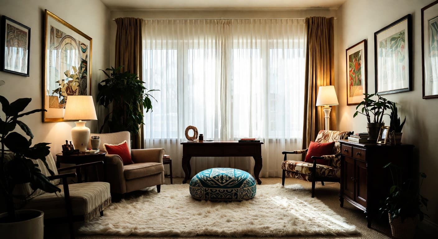 Retro meditation space interior design - featuring retro style furniture, decor, colors, and layout ideas for your meditation space