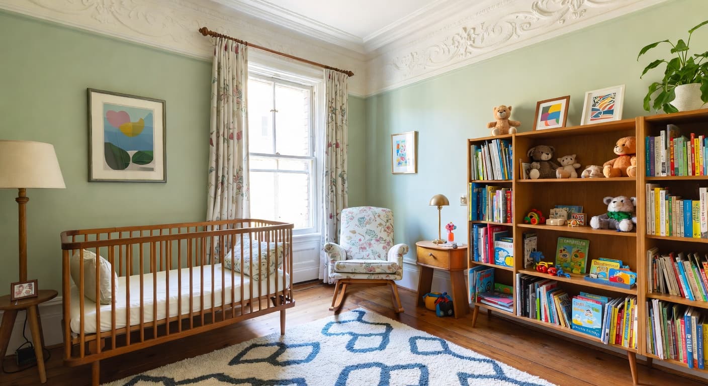 Retro nursery interior design - featuring retro style furniture, decor, colors, and layout ideas for your nursery