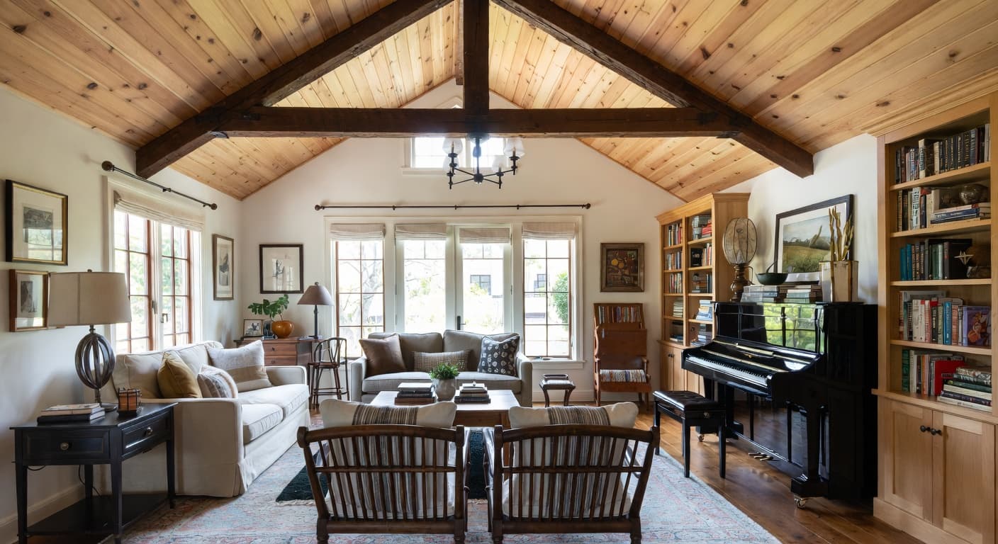 Rustic music room interior design - featuring rustic style furniture, decor, colors, and layout ideas for your music room