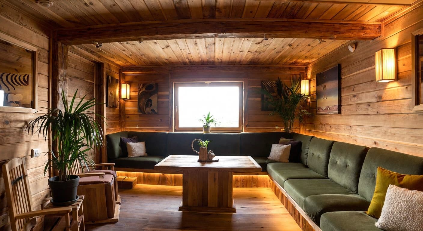 Rustic sauna / spa room interior design - featuring rustic style furniture, decor, colors, and layout ideas for your sauna / spa room