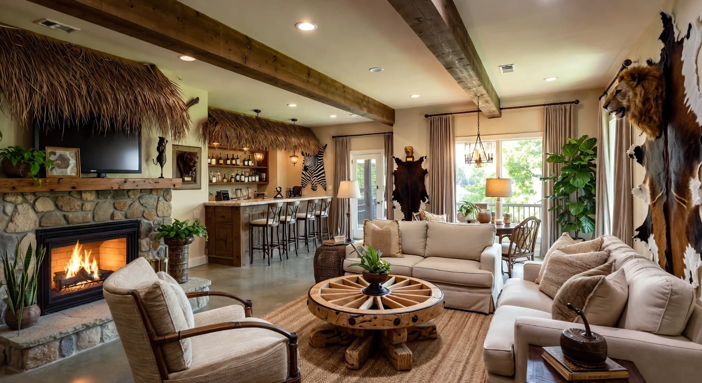 Safari basement interior design - featuring safari style furniture, decor, colors, and layout ideas for your basement