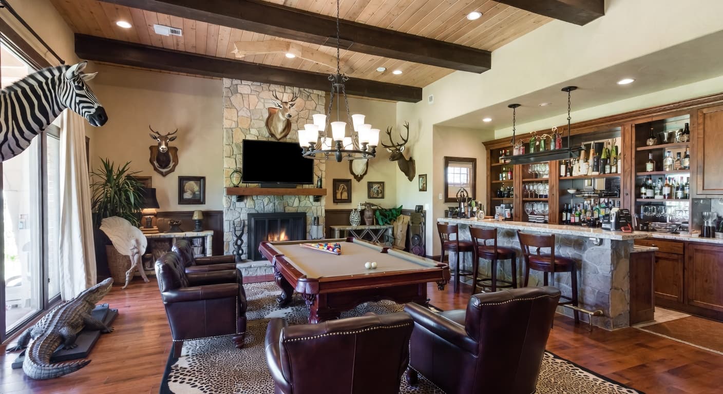 Safari billiards room interior design - featuring safari style furniture, decor, colors, and layout ideas for your billiards room