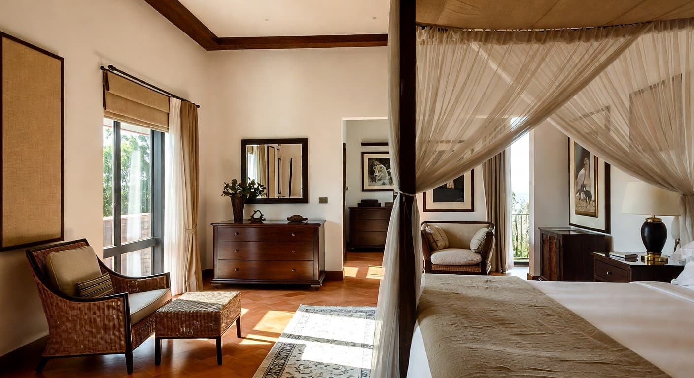 Safari guest room interior design - featuring safari style furniture, decor, colors, and layout ideas for your guest room