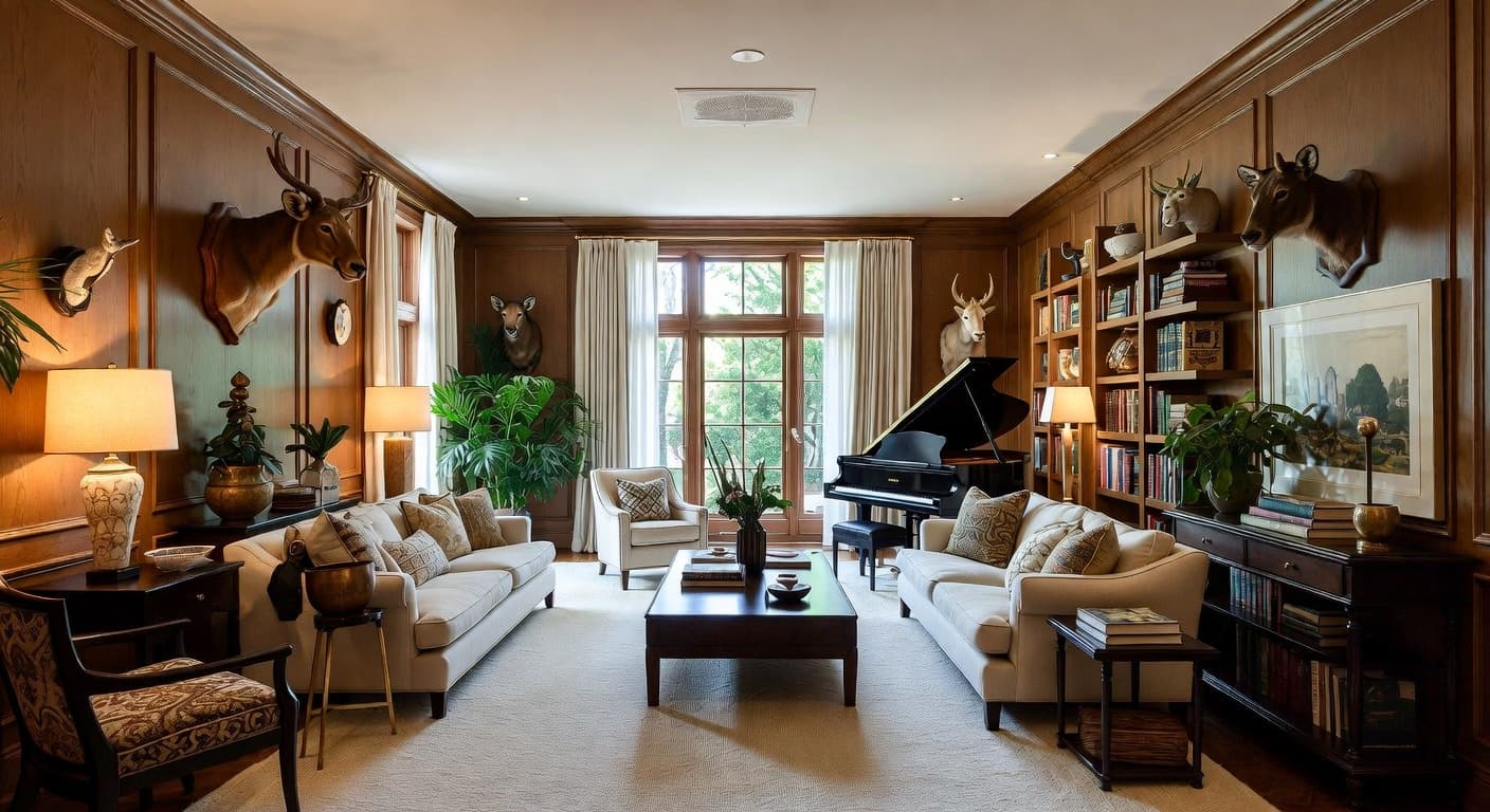 Safari music room interior design - featuring safari style furniture, decor, colors, and layout ideas for your music room