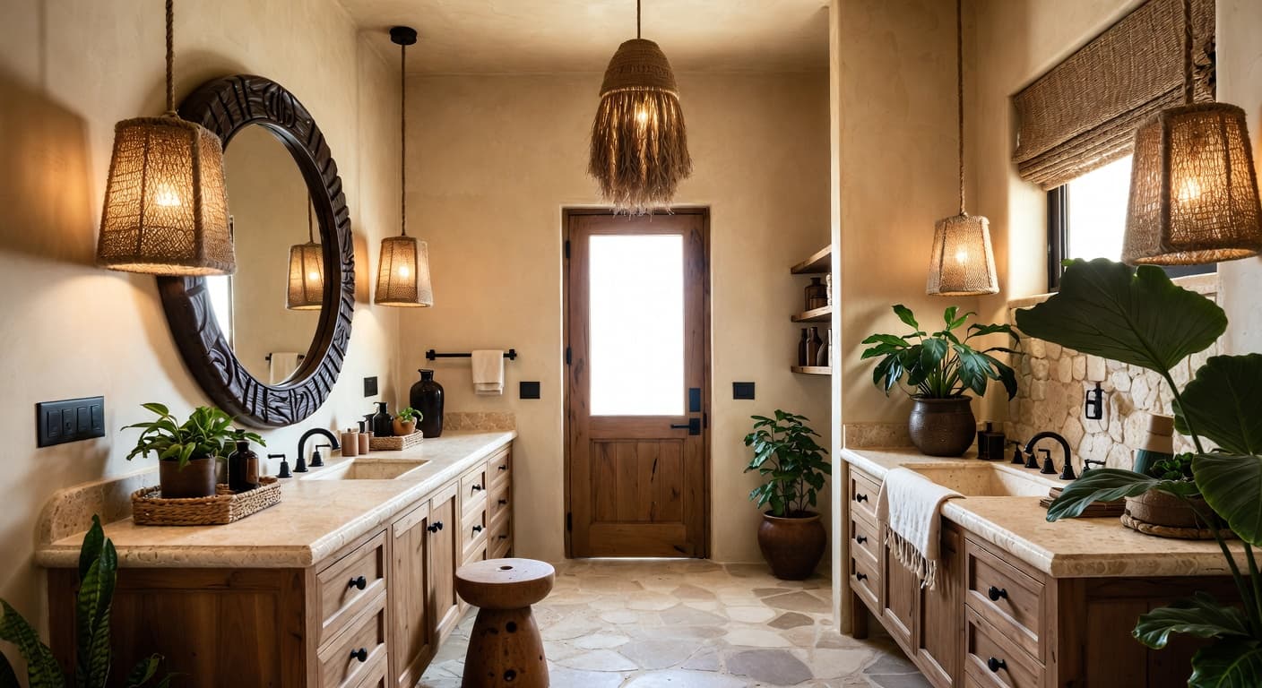 Safari powder room interior design - featuring safari style furniture, decor, colors, and layout ideas for your powder room