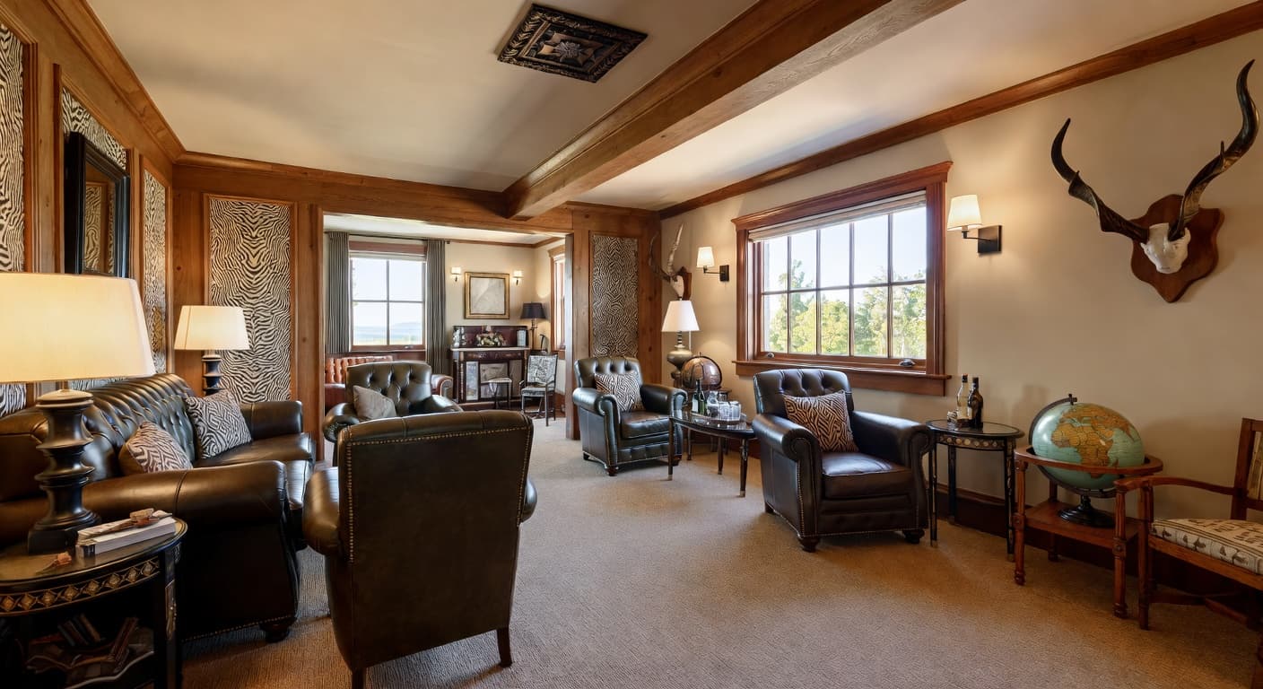 Safari smoking room / cigar lounge interior design - featuring safari style furniture, decor, colors, and layout ideas for your smoking room / cigar lounge