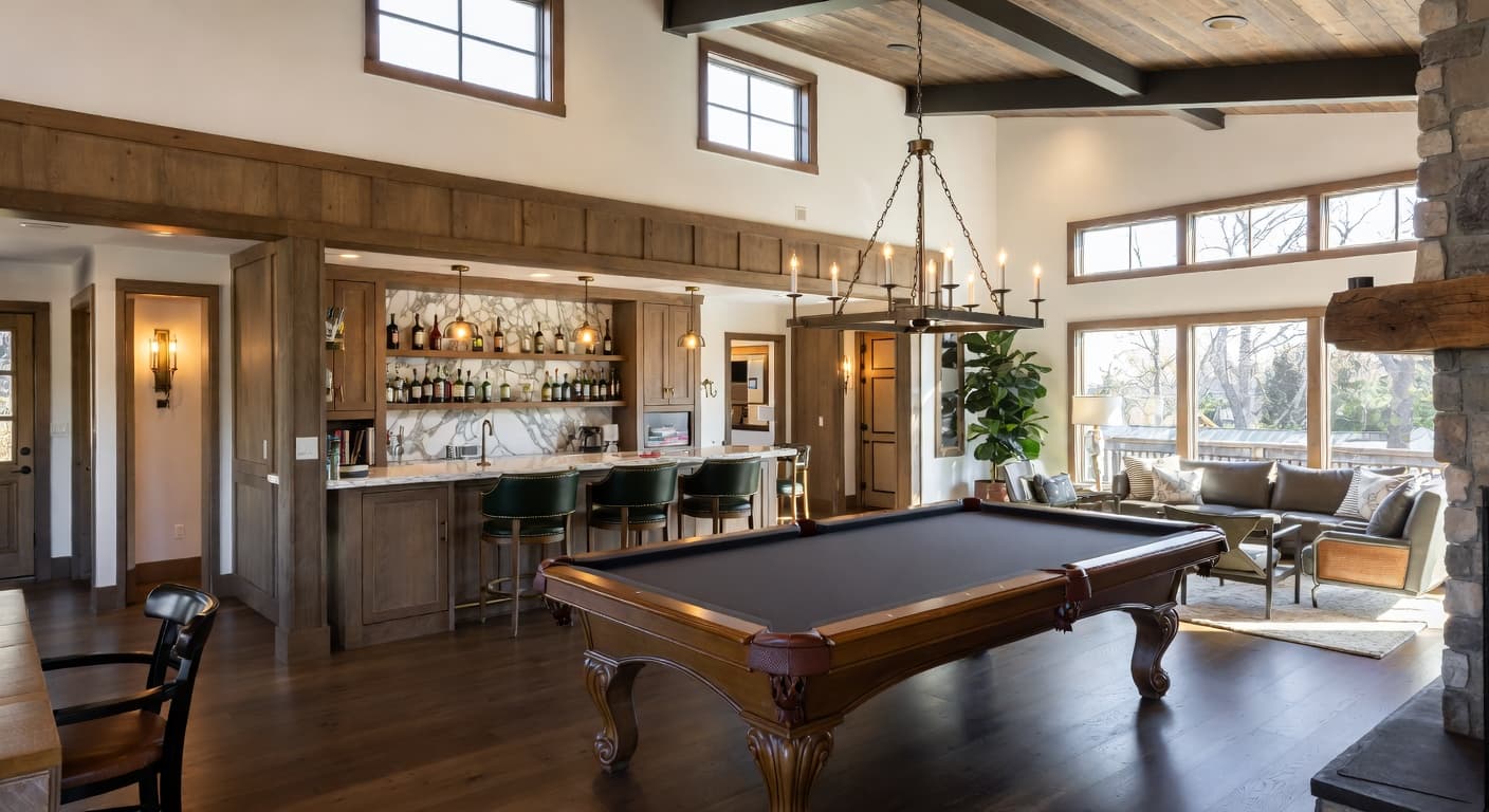 Scandifornian billiards room interior design - featuring scandifornian style furniture, decor, colors, and layout ideas for your billiards room