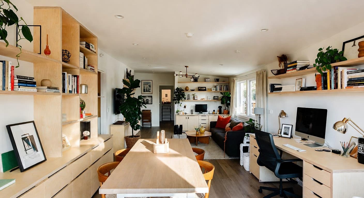 Scandifornian craft room / studio interior design - featuring scandifornian style furniture, decor, colors, and layout ideas for your craft room / studio