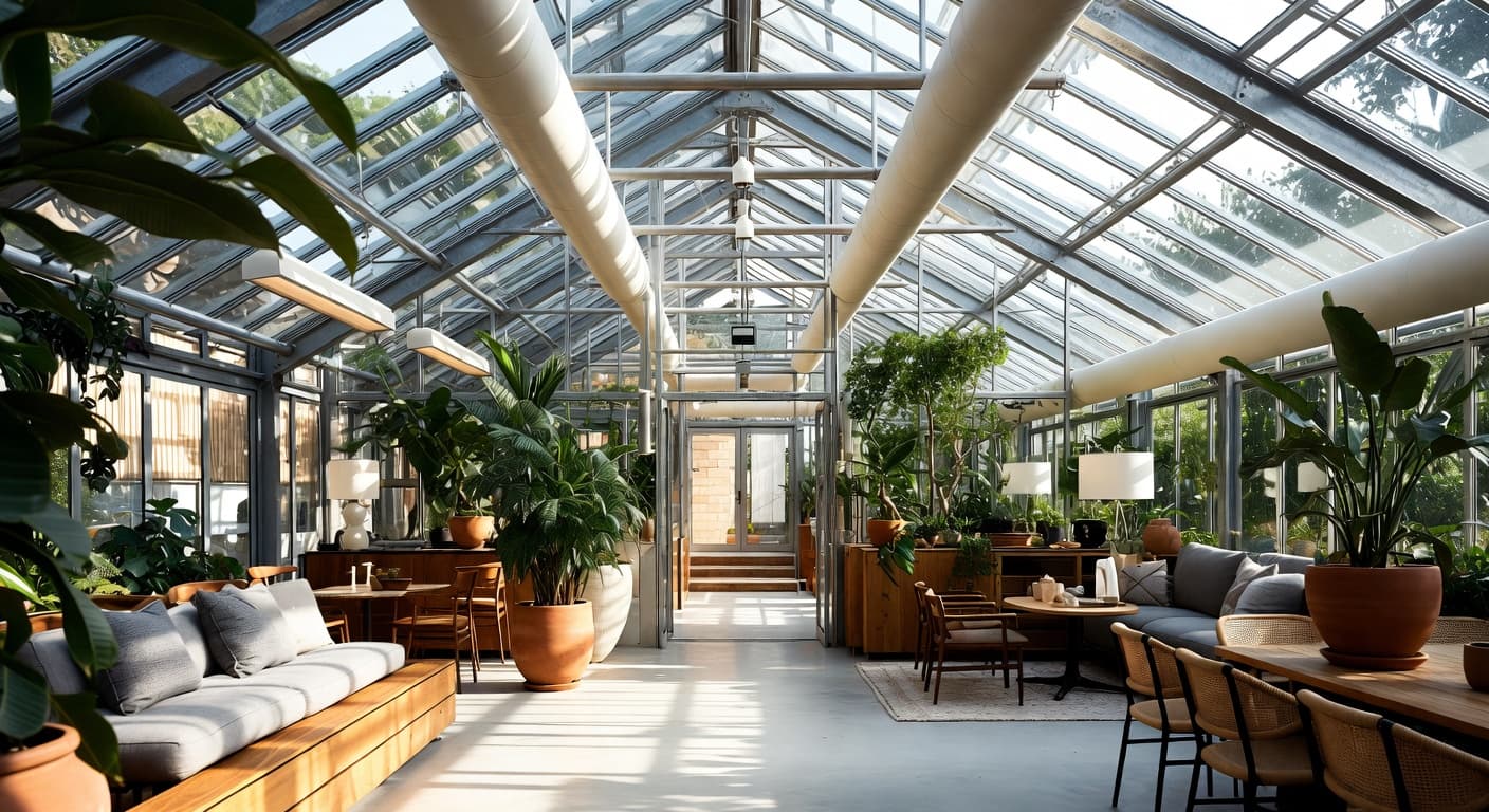 Scandifornian greenhouse interior design - featuring scandifornian style furniture, decor, colors, and layout ideas for your greenhouse