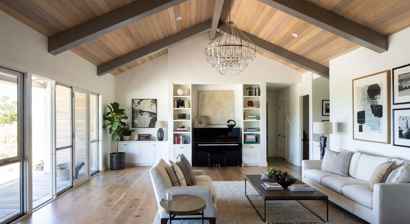 Scandifornian music room interior design - featuring scandifornian style furniture, decor, colors, and layout ideas for your music room