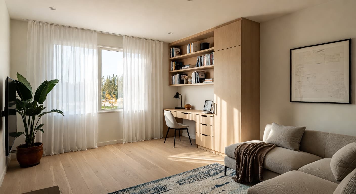 Scandifornian teen room / den interior design - featuring scandifornian style furniture, decor, colors, and layout ideas for your teen room / den