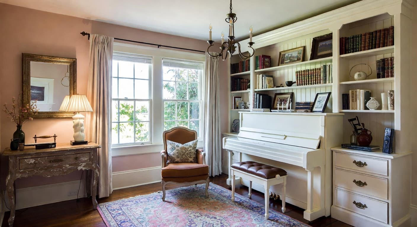 Shabby Chic music room interior design - featuring shabby chic style furniture, decor, colors, and layout ideas for your music room