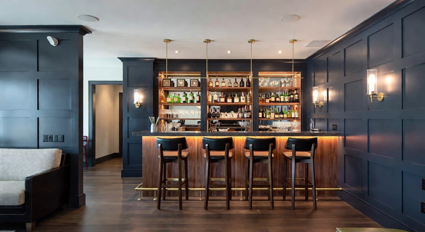 Shaker bar room interior design - featuring shaker style furniture, decor, colors, and layout ideas for your bar room