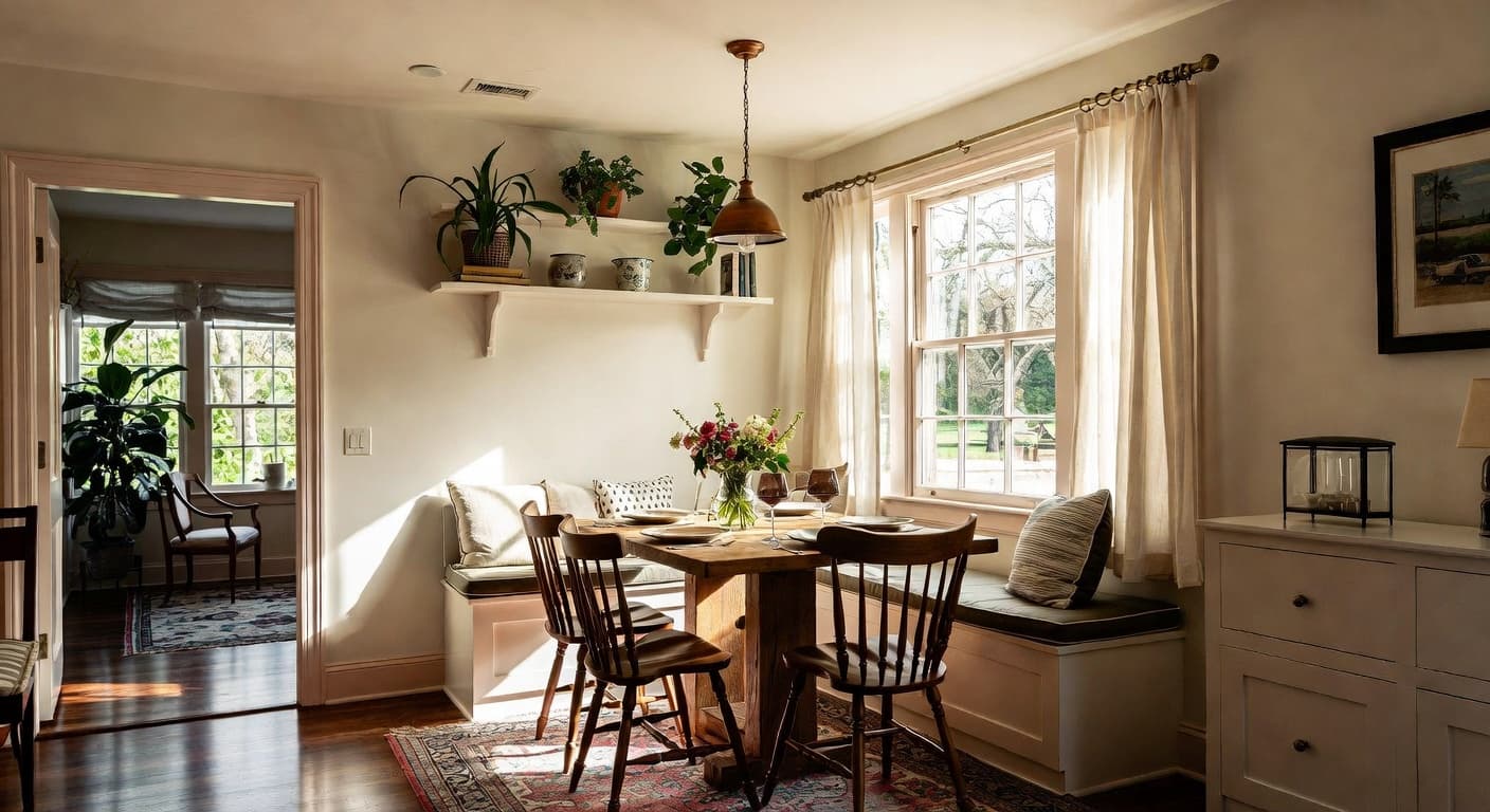 Shaker breakfast nook interior design - featuring shaker style furniture, decor, colors, and layout ideas for your breakfast nook