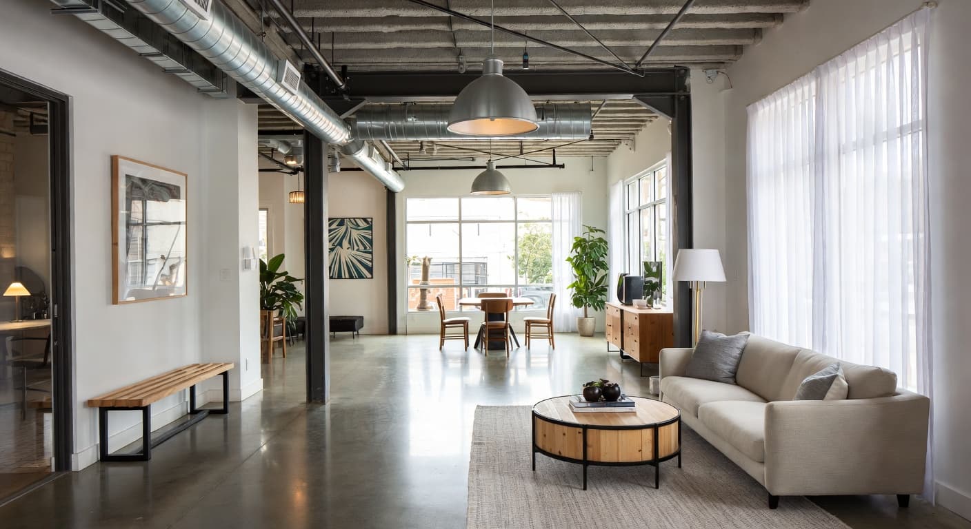 Soft Industrial entryway interior design - featuring soft industrial style furniture, decor, colors, and layout ideas for your entryway