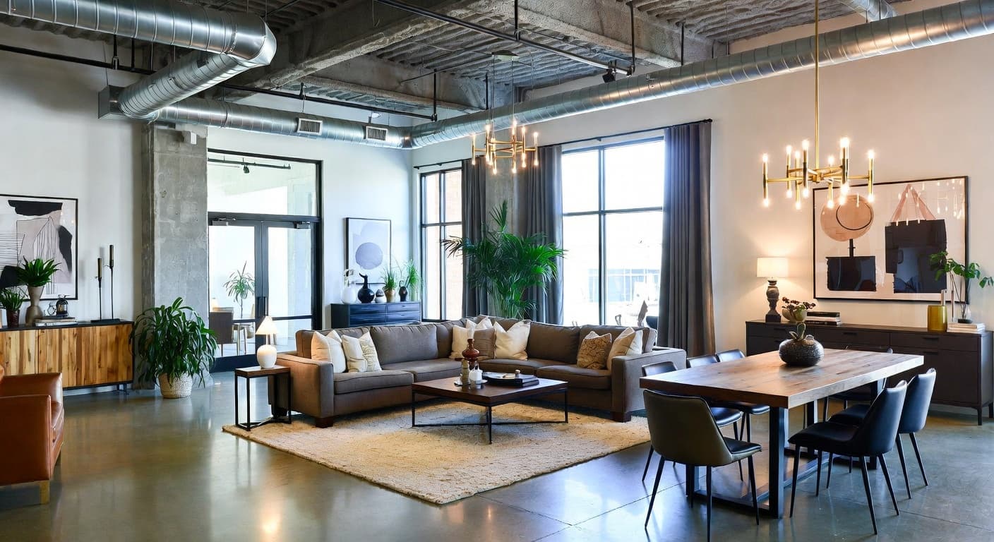 Soft Industrial multi-purpose room interior design - featuring soft industrial style furniture, decor, colors, and layout ideas for your multi-purpose room